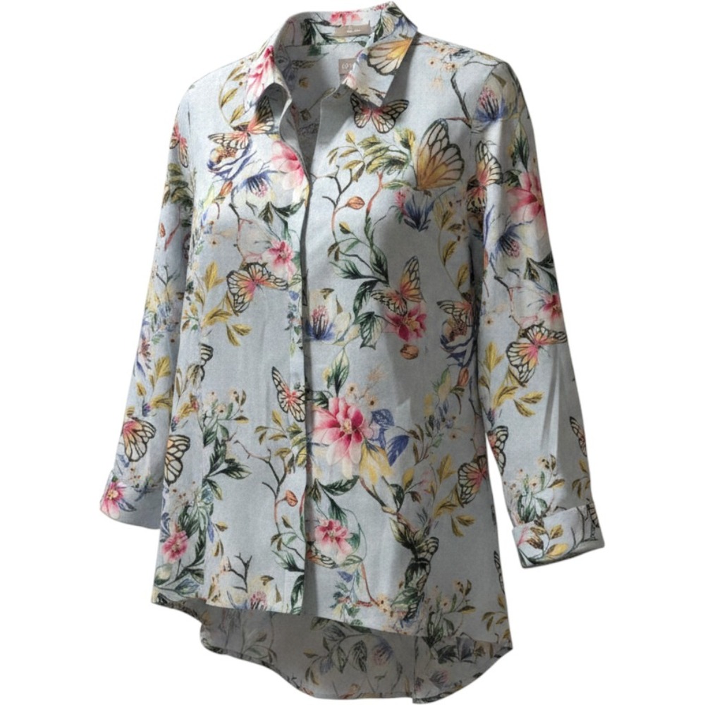 Chico's No Iron Butterfly Floral Cotton Button Down Shirt Blue Size 2 Large